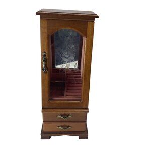 Vintage Wooden Jewelry Armoire Etched Glass Door Pink Velvet